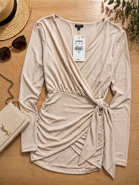 Express Beige Wrap Tunic Top / Mini Dress XS NWT Ruched Side Tie